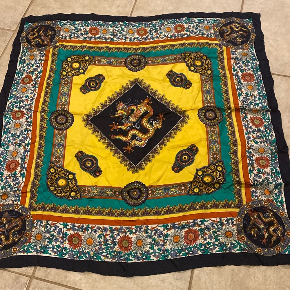 Silk  Dragon Motif Scarf in Yellow, Teal & Black